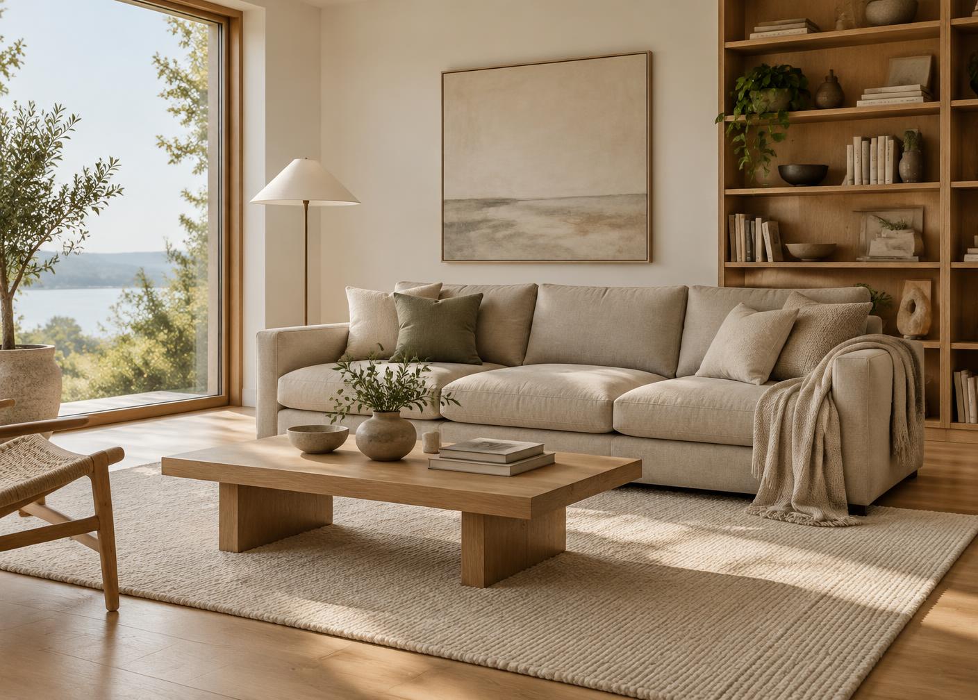 A calm modern living room with a light sofa, rug, floor lamp and a dining corner
