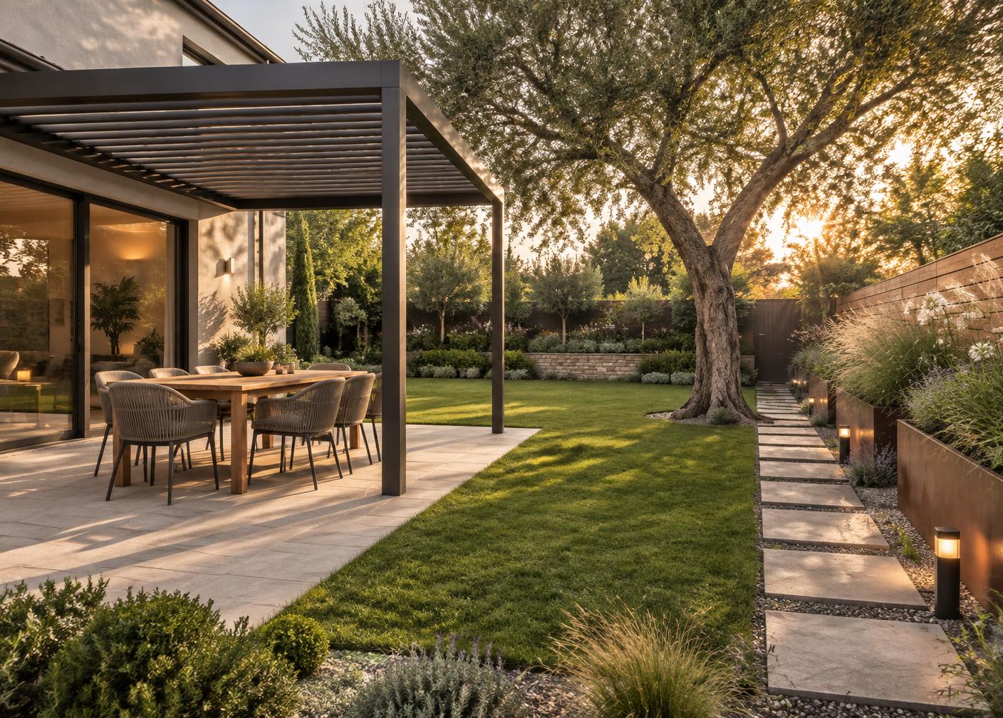An outdoor dining area under a timber pergola with planting and garden lighting